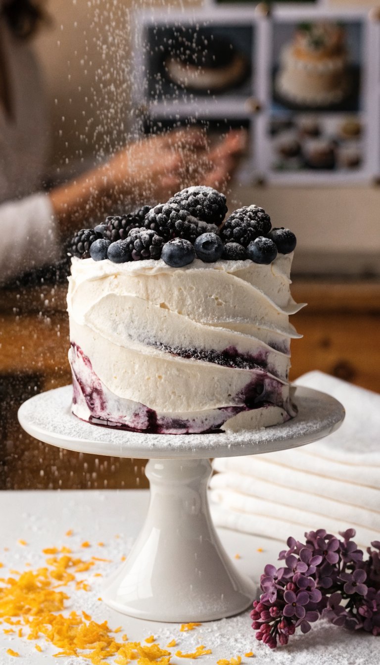 Intimate cake-anticipation still life: a cake stand with an unfinished cake prototype, surrounded by citrus zest, lilac sprigs, and a stack of elegant napkins. The photography should emphasize texture: the rough sugar dusting, the smooth fondant edges, and the soft fabric folds of a nearby napkin. The background includes a softly blurred figure editing a mood board, with only their hands or a shoulder visible.
