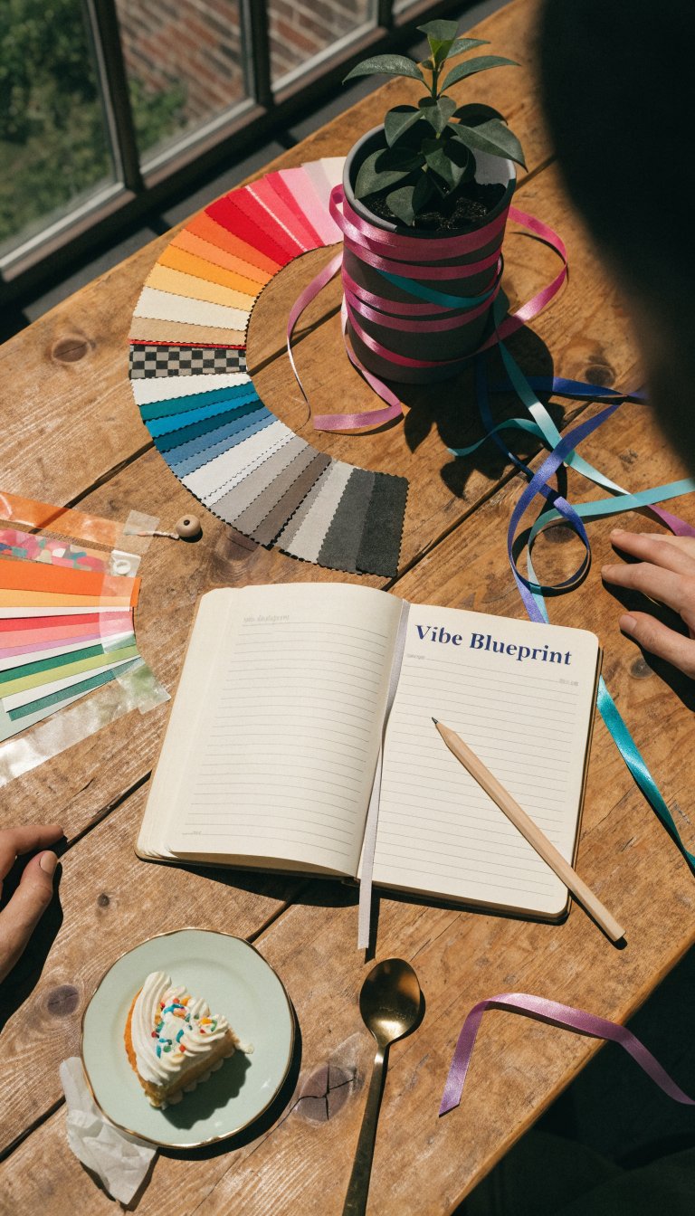 The vibe blueprint in motion: an overhead shot of a tabletop scene with a notebook opened to a page titled “Vibe Blueprint,” color swatches spread in a rainbow arc, ribbons looping around a small plant, and a tiny cake slice positioned as a prop. Natural daylight illuminates the collection of textures—paper, fabric, and wood—while a person is present but off-frame, their silhouette or hands cropped to keep focus on the creative process.