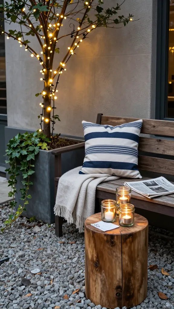 Urban-rustic outdoor lounge: bench placed on a gravel patch beside a tall planter with trailing ivy, a single striped pillow in navy and white, and a salvaged wood side table stacked with stacked glass jars holding tea lights. Fairy lights loop around a nearby branch, creating luminous orbs. Include a soft throw draped across the bench, a folded newspaper as a prop, and a breeze causing light ripples in a napkin on the table.