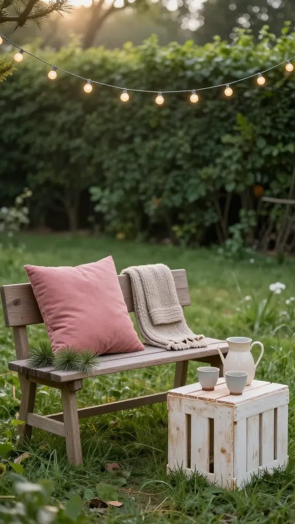 Quiet lunch-time corner: a bench anchored in a small grass clearing, a single large, soft-padded cushion in dusty rose, and a knitted throw folded neatly at the back. Fairy lights form a gentle canopy above, with a small ceramic pitcher and two mismatched cups resting on a painted crate as a makeshift table. Capture the scent of pine and fresh-cut grass via implied cues: a pine sprig on the bench, a blurred green hedge in the background, and subtle sun flare that makes the scene feel inviting and lived-in. No people.