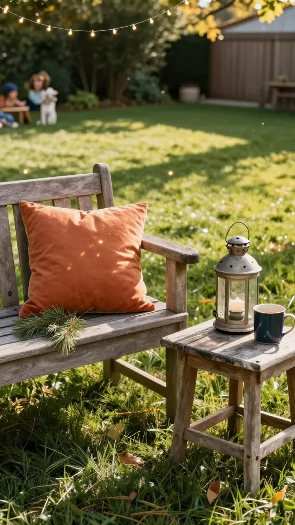 A sun-dappled backyard corner built around a weathered wooden bench, with a single chic throw pillow in muted olive and cream tones. Fairy lights overhead cast tiny starry glints across a patch of well-trimmed grass, while a maxed-out thrift-store side table holds a rustic lantern and a mismatched mug collection. Include a close-up of pine needles on the bench, a breeze ruffling the pillow, and distant laughter blurred in the background. No people in frame; natural, warm golden-hour lighting.