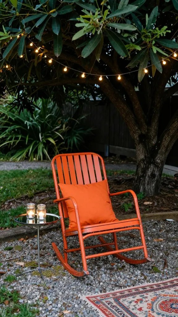 Detailed interior-feel outdoor scene: bench against a whitewashed fence, one oversized throw pillow in soft sage with a linen texture, and a thrifted wicker basket repurposed as a planter on the ground. A string of tiny bulbs weaves through nearby branches, casting warm glows on the scene. Add a rain-washed look on the wooden surfaces, with a eucalyptus sprig tucked under the pillow for a fresh scent cue. Shoot at golden hour with rich, saturated colors.