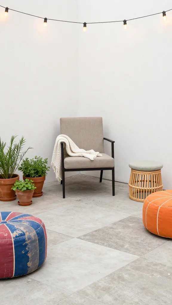 A minimalist, chic corner: a single sturdy bench with crisp, neutral cushions, a knit throw in cream draped over one arm, and a row of bare-bulb fairy lights above. On the ground, a patched-together concrete slab serves as a seating pad, surrounded by potted herbs in terracotta pots. Include a detailed shot of hands adjusting the throw and a slight breeze lifting the edge, all in a bright, sunlit late-afternoon mood. No people prominently visible.