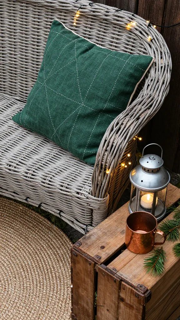 Rich texture close-up: weathered wood grain of the bench, a stitched linen pillow cover in oatmeal tone, and a coiled jute rug partially visible beneath. Fairy lights cast warm glints on the pillow’s seam and brass rivets on a tiny metal lantern. A copper mug sits on the bench’s armrest, with pine needles scattered nearby. The background remains softly blurred to emphasize tactile details.
