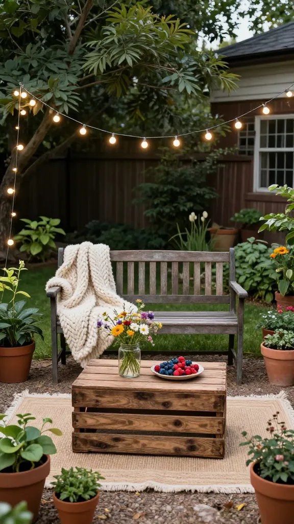 Picnic-inspired setup centered on one focal piece: a sturdy bench anchored by a chunky knit blanket tossed over one end, a single patterned pillow in mustard and cream, and a string of fairy lights forming a gentle arc overhead. Include a low, rustic crate coffee table with a glass jar of wildflowers and a dish of seasonal berries. Ground-level shot showing grass blades catching dew, with a distant yard’s laughter implied by defocused shapes.