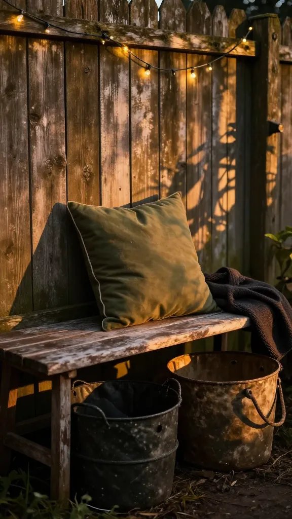 Moody golden-hour vignette: a lone weathered bench against a weathered fence, a large olive-green pillow coordinating with a dark throw. Fairy lights glow softly, casting elongated shadows. A reused metal tray holds a carafe of water, a glass, and a small bowl of lemons, all on a canvas mat. Close-up of the tray’s textures, the pillow’s fabric weave, and a shallow depth of field that keeps the scene cozy and intimate, with no people in focus.