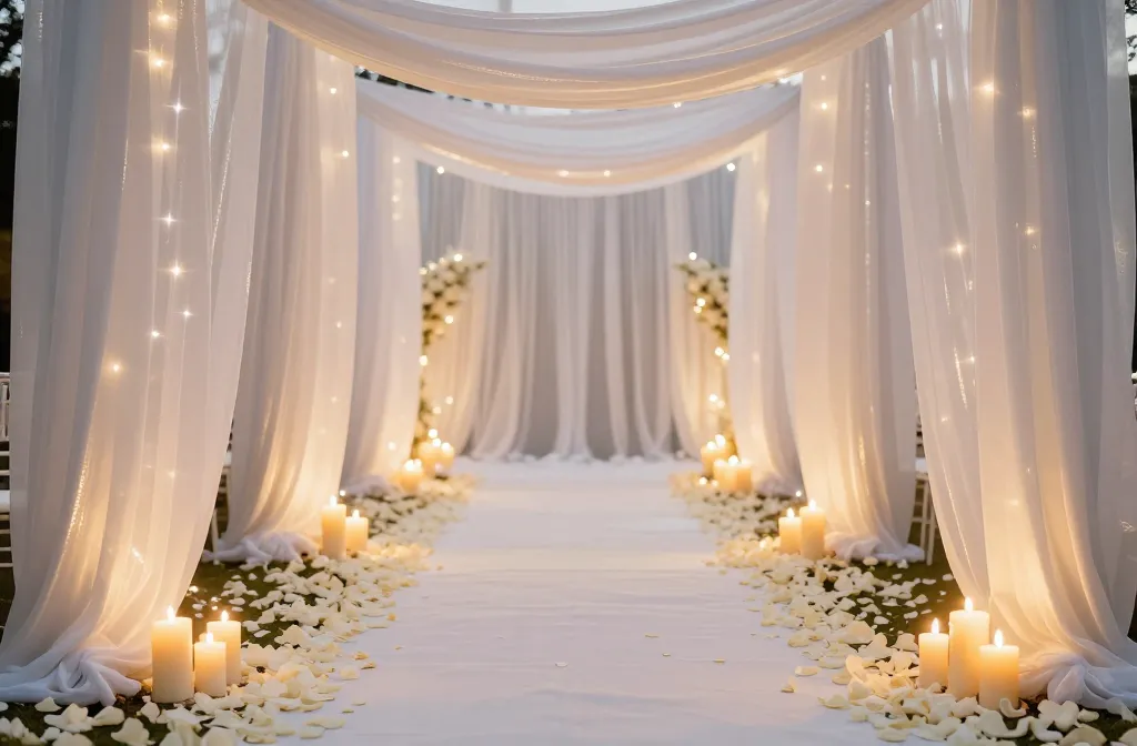 15 Romantic Wedding Ceremony Decor Ideas Using White Draping Candlelight and Aisle Petals: Dreamy Photo-Worthy Vows