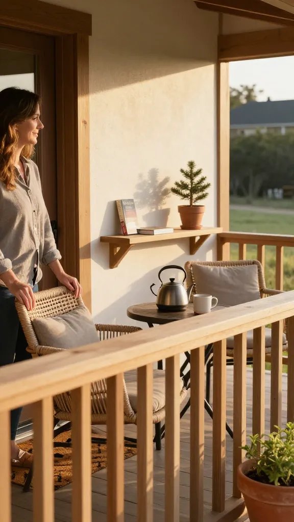 A sunlit early-morning front porch scene designed around the five-piece harmony philosophy. Close-up on a honey-toned railing bathed in soft sunrise light, with a small table holding a steaming kettle and a single mug. Include two matching woven chairs with neutral cushions, a narrow console shelf with a single potted pine and a paperback book, and a doormat with a quiet geometric pattern. The porch should feel cohesive through warm wood, soft textiles, and subtle greenery in terracotta pots. A partially cropped, relaxed 30-year-old woman stands just inside the doorway, hands resting on the rail, smiling but not the focal point; the scene centers on the porch composition and its intentional quiet conversation.