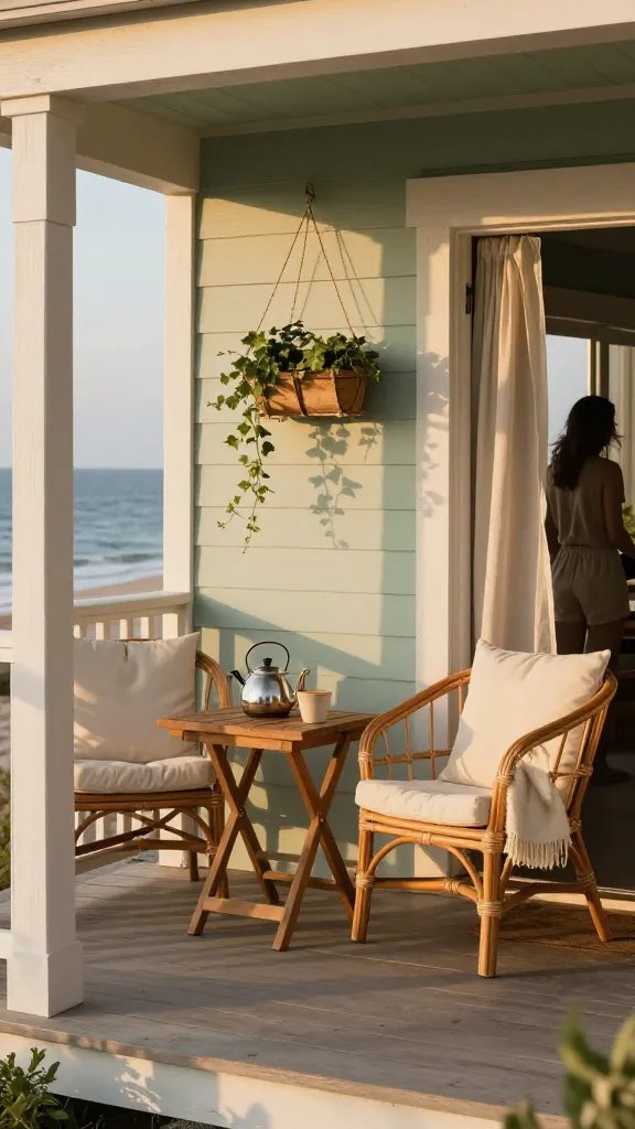 A coastal-inspired front porch at golden hour with five intentional pieces in harmony. Frame the scene with a light-painted railing, a small teak table hosting a kettle and a ceramic cup, two rattan chairs with cream cushions, a narrow hanging planter rail with trailing ivy, and a wool throw draped over one chair. The palette is honey, driftwood, sage, and soft cream. Include a soft textile breeze suggested by a gently fluttering curtain on the doorway and a subtle shadow play along the boards. A casually dressed, back-turned 30-year-old woman is visible in the background, not the focus, reinforcing the porch as the story.