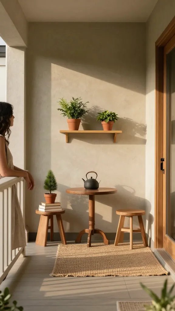 Minimalist front porch vignette showing how five pieces converse. Focus on a tidy railing, a compact table with a kettle, a small stack of books under a potted pine, a pair of matching stools, and a slim planter shelf with two symmetrical plants. Lighting should emphasize early-morning warmth with long shadows and honey-toned wood. The color story centers warm neutrals, olive green, and soft terracotta accents. Include a woven jute rug at the threshold and a linen curtain subtly catching a light breeze. A woman appears off to the side, cropped to show only hands resting on the railing, reinforcing that the porch is the main subject.