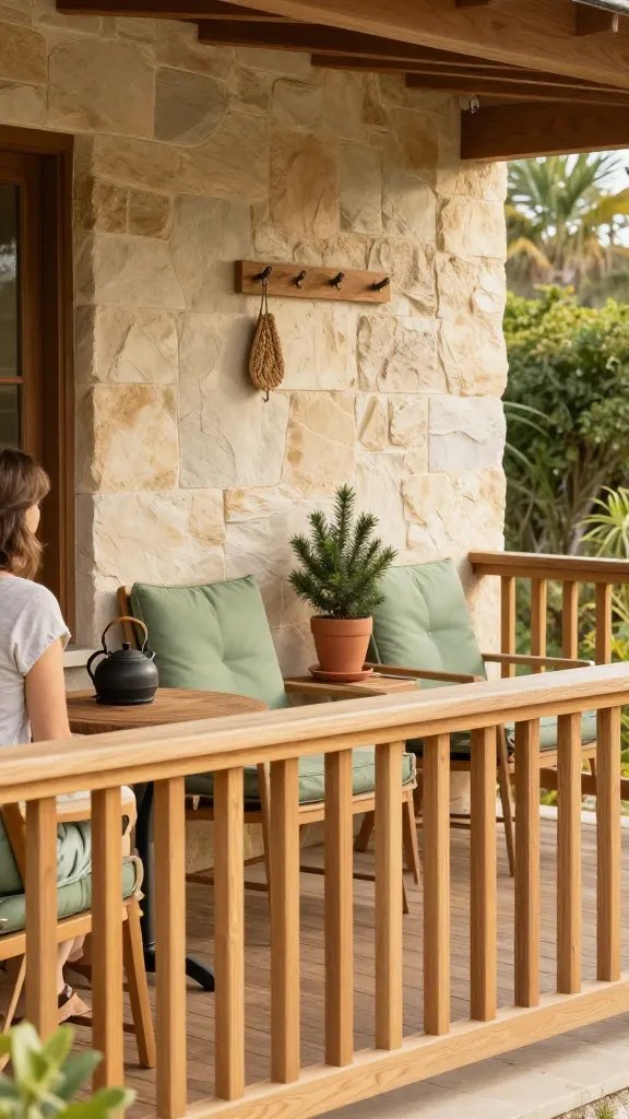 Depth-rich porch interior-exterior shot that highlights intentional layering. Capture the porch from a slightly elevated angle: railing in front, table with kettle on one side, a pair of chairs with coordinated cushions, a narrow bench with a small pine plant, and a wall-mounted hook with a single decorative item. The scene should exude a calm, conversations-ready vibe with natural textures—teak, canvas, and clay pots—set against a soft sunlit backdrop. The color palette emphasizes honey wood, warm stone, and sage green. A 30-year-old woman is present but at the edge of the frame, partially cropped, ensuring the porch and its five-piece harmony remain the focal point.