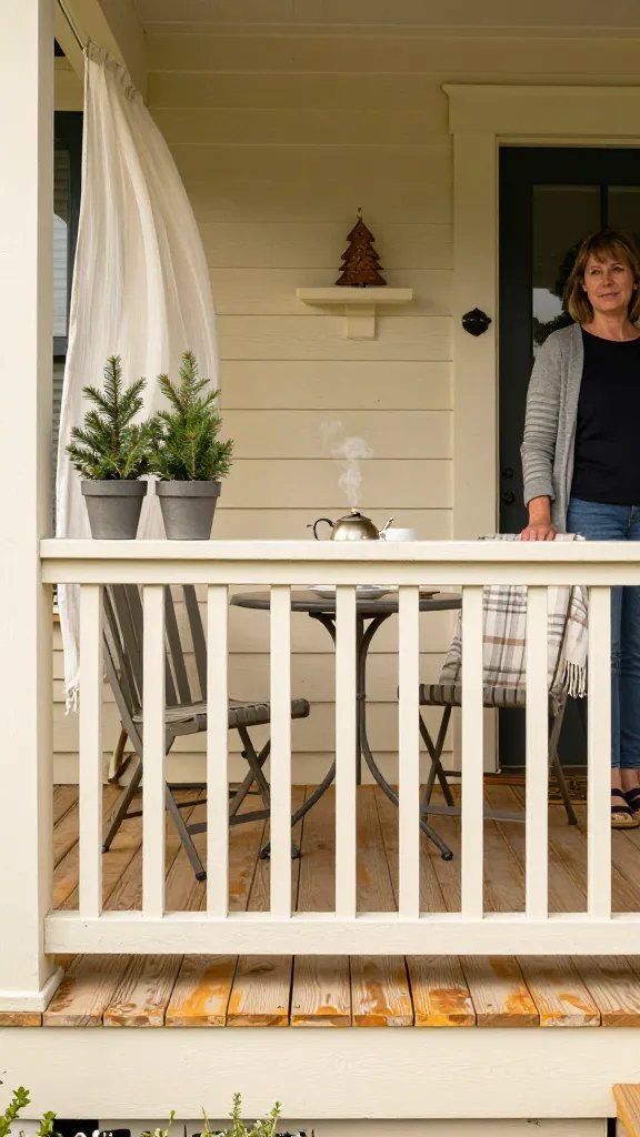 Portrait-to-porch storytelling image emphasizing deliberate order. A close-front shot of the porch threshold: railing, a small round table with a steaming kettle, a cup and saucer, a pair of identical planters with evergreen sprigs, and a narrow shelf with a pine-cut ornament. The porch boards show gentle wear, painted in a warm ivory with honey accents from the sun. Add a light plaid throw over one chair, a soft linen curtain gently billowing, and a tiny welcome sign that reinforces intentional design. The scene is photography-forward with rich texture and depth; a 30-year-old woman steps just beyond the frame, her presence implied rather than seen, reinforcing the five-piece harmony.