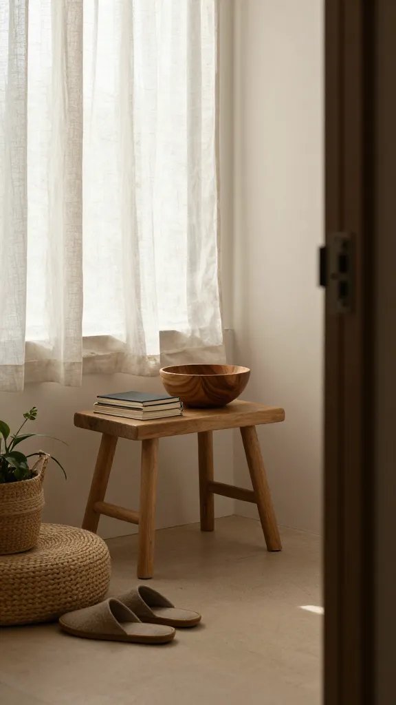 A minimal boho nook by a window: a low stool doubles as a side table with a stack of small journal/notebooks and a carved wooden bowl; nearby, round woven baskets on the floor cradle slippers and a plant. The light is early morning, honeyed and pale, with a breezy linen curtain slightly lifted. The color palette centers sand, warm white, and warm wood tones. A silhouette of a person standing in the doorway is partially cropped to emphasize space and calm.
