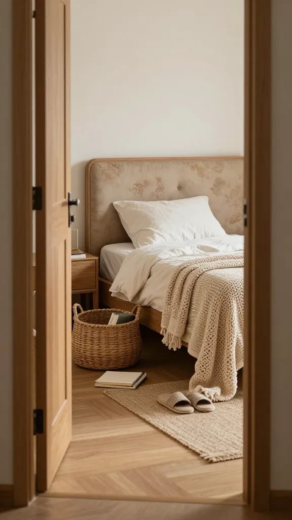 A doorway view into a serene sleeping area: focus on texture layering—bare wood, linen, jute, and wicker. On the floor, a set of woven baskets cradle a book, a notebook, and slippers; a light crocheted blanket spills over the edge of the bed. The headboard shows a soft, lived-in patina. The scene is bathed in warm early light; a figure stands in the doorway, back to camera, adding scale without stealing focus.
