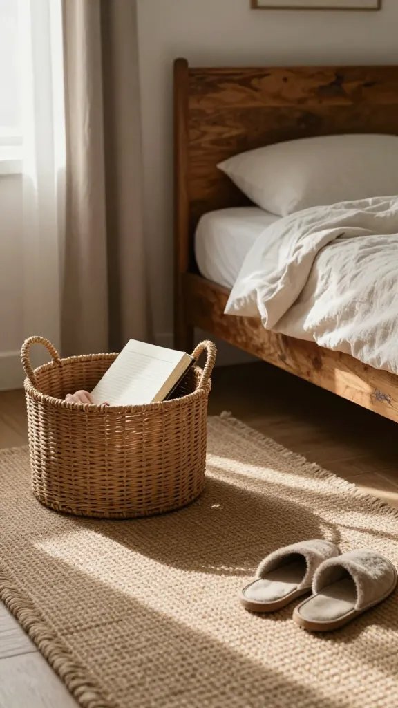 Slow-traveling morning vignette: a long shot across the room highlighting space to breathe. The floor features a natural fiber rug, baskets with a book and slippers, and a bed with a patinaed wooden headboard. Light from a partially opened window creates gentle shadows on textures: linen, wool, and rattan. A person’s hands clasp a notebook on the floor-level basket, cropped to keep focus on materiality and mood.