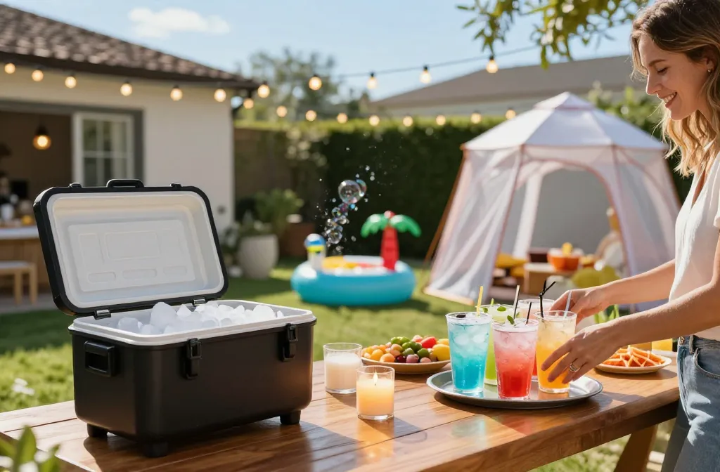 15 Backyard Party Essentials : Rolling Ice Chest, Mesh Food Tents, Citronella Candles, Mosquito Repellent Bracelets, Outdoor Bug Spray, Disposable Pop‑Up Trash Cans, Glass Drink Dispensers, Fly‑Repellent Table Fans, Serving Trays, Glow Sticks, Outdoor String Lights, Tablecloth Clips, Inflatable Palm Tree Cooler, Bubble Machine, Cornhole Set