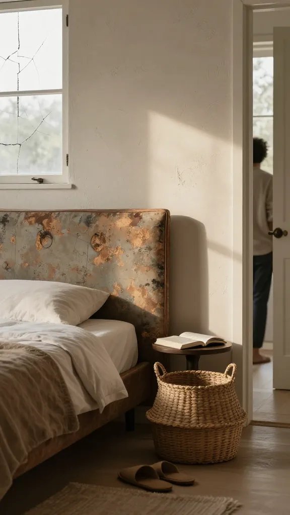 Architectural detail shot: focus on the headboard’s patina and the wall’s subtle texture, with a single woven basket on the floor in frame along with a book and slippers. Warm morning light spills through a cracked window; the room’s color palette stays neutral and earthy. A journal rests open on a shelf, and a partially visible person stands in the doorway, providing human context while remaining secondary.