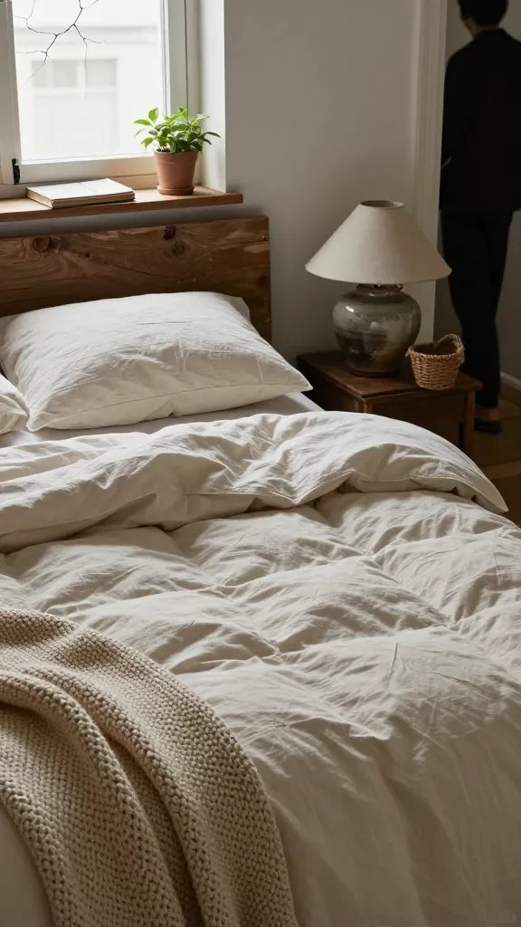 Intimate bedside composition: one eye-level shot of the bed with the linen duvet slightly rumpled by the breeze from a cracked window. Include a close-up on the textures—a knitted throw, a woven basket, and a ceramic lamp with a muted glaze. The headboard is aged wood; a journal and a single plant sit on a small shelf. Soft, calm colors (beige, cream, oat) dominate; a person’s lower silhouette appears in the doorway to convey presence.