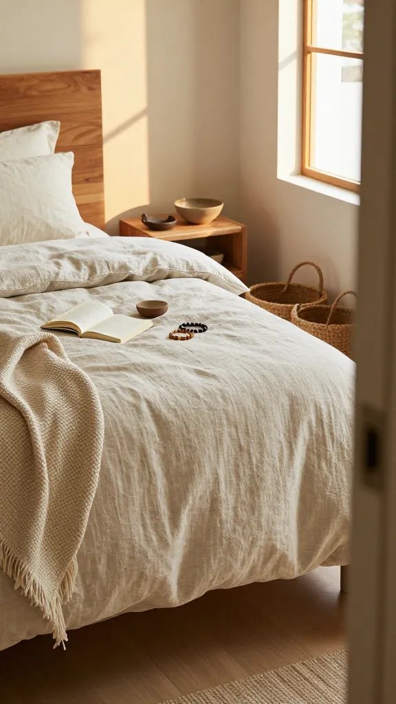Photo of the foot-of-bed zone showing layered textures: a linen duvet, a soft woven throw, and a collection of small personal accents (journal, bracelet, decorative bowl). The corner of a window casts honeyed light across the wooden headboard and the baskets lined up on the floor. The image should feel breathable and cozy, with a 30-year-old woman present in the doorway but not the center of attention.