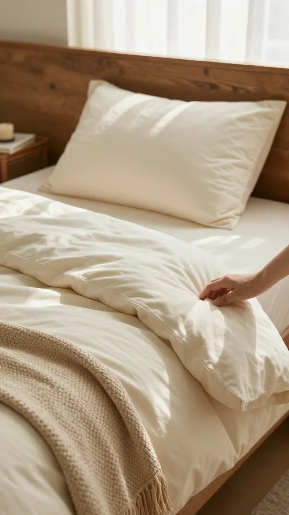 Close-up scene of a bed dressed in a creamy linen duvet, with a single textured pillow and a woven throw draped to reveal its natural fibers. Sunlight filters through a thin curtain, casting warm stripes across the bedding. Include a low wooden headboard showing a gentle patina, and a small bedside basket holding a book and a candle. A softly blurred hand resting on the duvet edge adds human presence without becoming the focal point.
