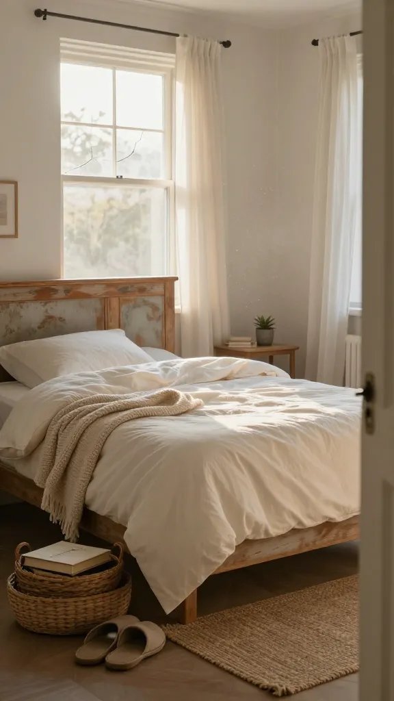A sunlit bedroom corner at dawn with a linen duvet catching pale golden light from a cracked-open window. Include a weathered wooden headboard with a soft patina, a stack of woven baskets on the floor containing a book, slippers, and a kept journal. Layer textures: a knit throw, a jute rug, and airy sheer curtains; the room should feel breathable, uncluttered, and intimate, with subtle dust motes visible in the light beam, and a partially cropped figure of a relaxed woman in the doorway for scale.