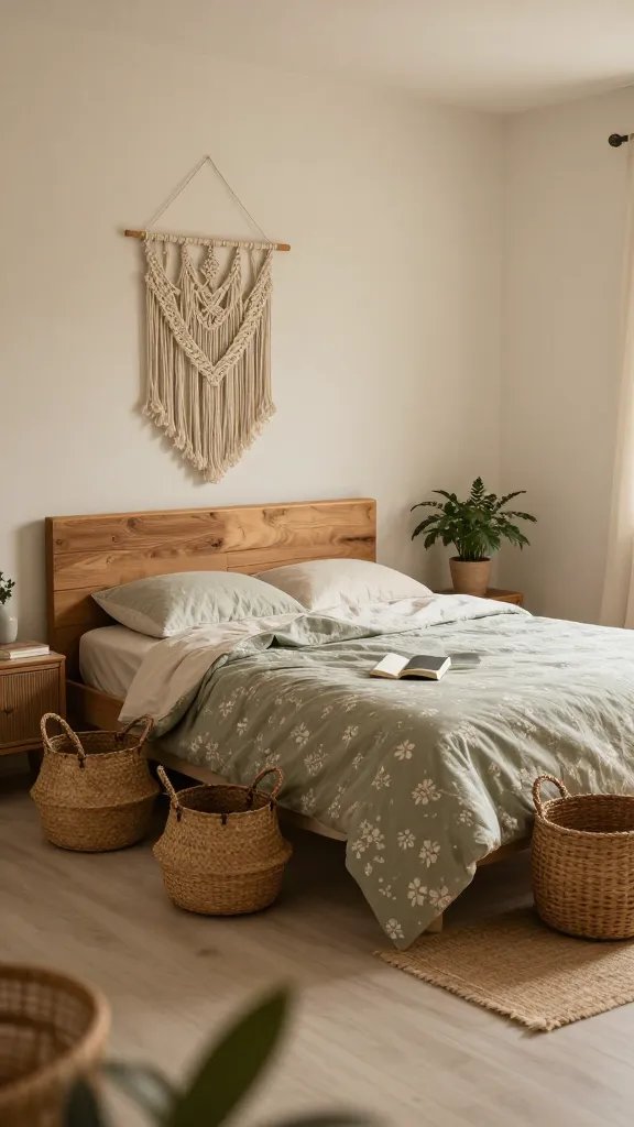 Environmental portrait of a calm boho-minimal bedroom: a wide-angle view capturing the entire space as quiet, intentional, and lived-in. Include a bed with linen duvet, a series of woven baskets on the floor, a softly patinated wooden headboard, and a few personal items arranged deliberately (journal, plant, book). The light is early, honeyed, and diffused; a blurred figure or hands in the foreground suggest presence without drawing focus away from the space.