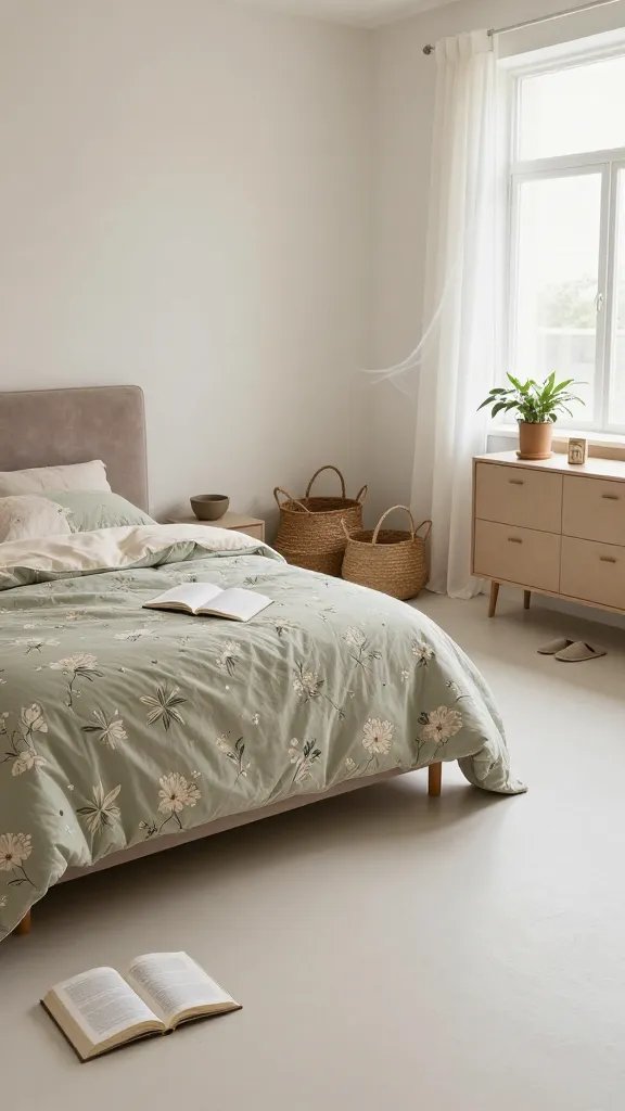 Wide shot of a calming boho minimal bedroom showing a clean floor plan: bed with a soft patinated headboard, sheer drapes at the window, a cluster of woven baskets along the wall, and a single low dresser with a plant and a few personal mementos. Include a corner where a journal lies open on a tidy surface, a pair of slippers tucked nearby. The atmosphere should feel unrushed, with diffuse morning light and a subtle breeze moving textiles.
