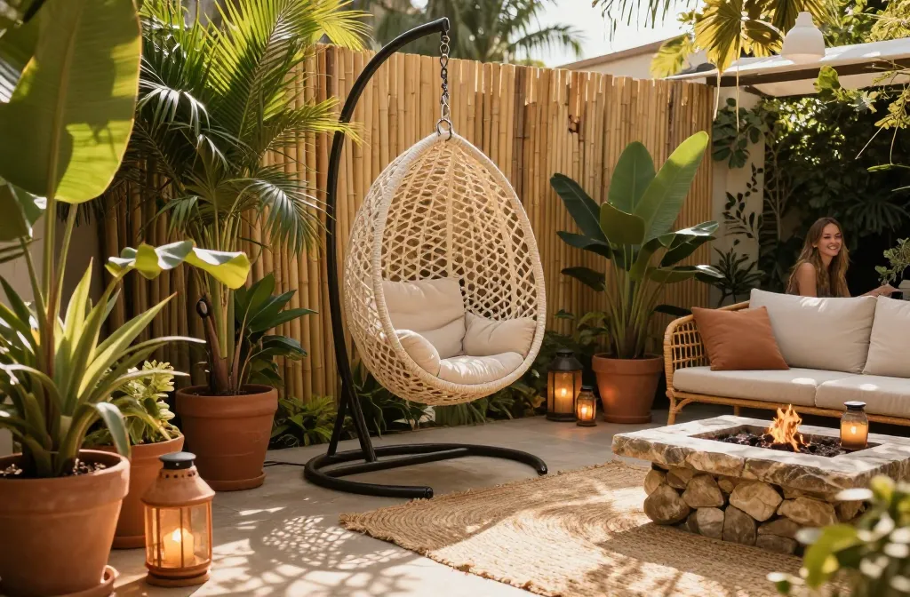 7 Boho Backyard Seating Areas with a Hanging Egg Chair, Clustered Solar Lanterns, Terra Cotta Pots with Tropical Plants, a Rattan Outdoor Sofa, a Jute Outdoor Rug, a Bamboo Privacy Screen, and a Stone Fire Pit Glow Up