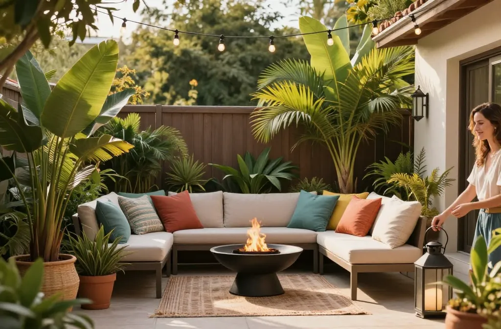 11 Small Backyard Makeovers Under $500 That Turn a Plain Concrete Patio Into a Cozy Sitting Area Starting with a Bistro Set, Potted Tropical Plants, an Outdoor Rug, Café String Lights, a Freestanding Privacy Screen, Solar Lanterns, a Small Side Table, a Vertical Wall Planter, a Storage Bench, a Tabletop Fire Bowl, and an Outdoor Floor Pouf
