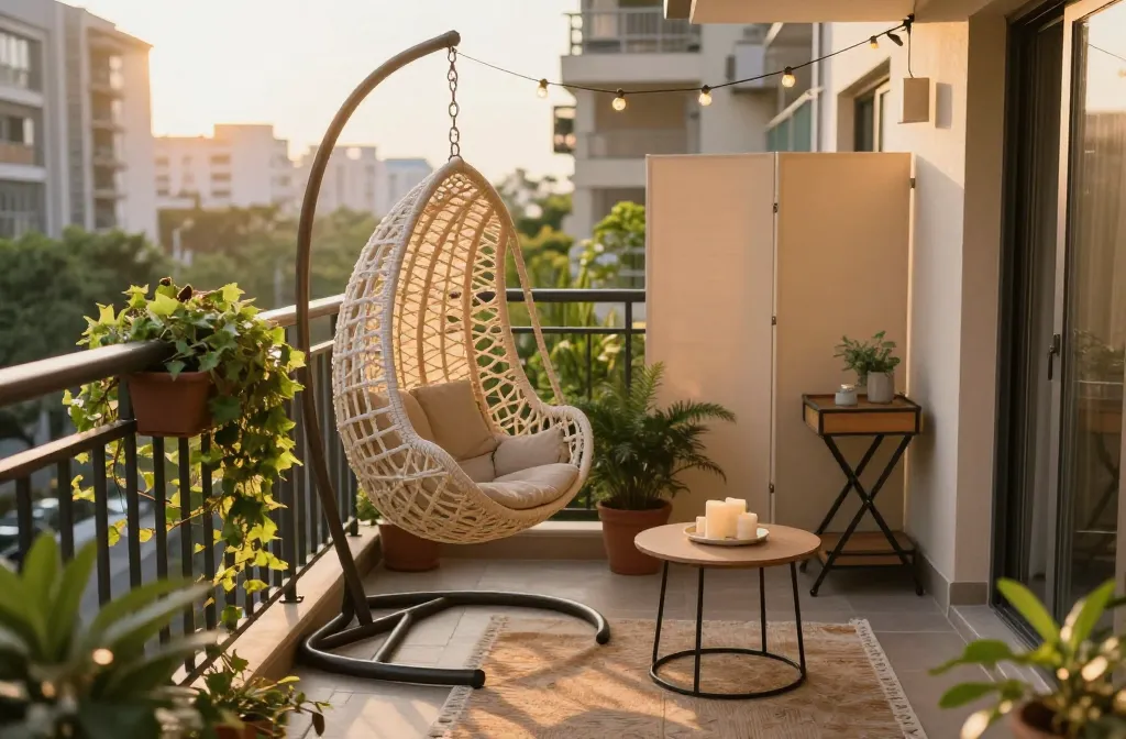 15 Apartment Balcony Summer Makeovers That Turn a Bare Slab Into an Outdoor Retreat Starting with a Hanging Egg Chair, a Railing Planter with Trailing Plants, an Outdoor Rug, a Small Bistro Table, Solar String Lights, a Freestanding Privacy Screen, a Compact Side Table, a Vertical Herb Garden, a Folding Storage Ottoman, Solar Lanterns, an Outdoor Floor Cushion, a Bamboo Shade Blind, a Compact Folding Bar Cart, a Small Tabletop Water Fountain, and a Citronella Candle Cluster