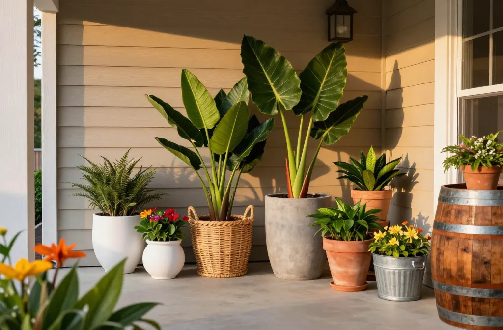 15 Front Porch Planter Arrangements Flanking the Front Door As Follows: 1. Bird of Paradise in a Large Rattan Basket Planter, 2.Elephant Ears in a Tall Concrete Planter, 3.Lantana in a White Ceramic Pot, 4.Bougainvillea in a Large Terra Cotta Urn, 5.Mandevilla Vine in a Galvanized Metal Tub, 6.Caladiums in a Wooden Barrel Planter, 7.Boston Ferns in Hanging Wicker Baskets, 8.Hibiscus in a Glazed Blue Ceramic Pot, 9.Crotons in a Stone Urn, 10.Pentas in a Terra Cotta Window Box, 11. Sweet Potato Vine in a Railing Planter Box, 12.Cordyline in a Sleek Black Concrete Planter, 13. Plumbago in a Whitewashed Wooden Planter Box, 14.Portulaca in a Tiered Terra Cotta Planter, and 15. Agapanthus in a Large White Ceramic Urn