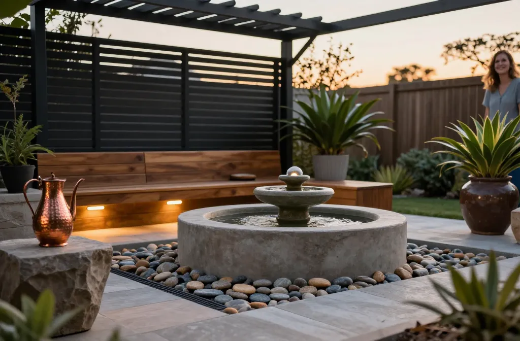 15 Zen Garden Patio Tips for a Serene Modern Minimalist Outdoor Living Space Starting with a Tiered Concrete Overflowing Water Fountain, Followed by a Black Slatted Aluminum Privacy Screen, Weather-Resistant Teak Modular Sectional with Performance Fabric, Solar Powered Warm-Tone Led Path Washers, a Smooth River Rock Drainage Bed, Powder-Coated Steel Gas Fire Table, Uv-Rated Faux Boxwood Hedges in Stone Planters, Recycled Composite Decking Floor Tiles, Oversized Ceramic Glazed Planters with Hardy Bromeliads, an Aluminum Pergola with Adjustable Louvers, All-Weather Poly-Rattan Club Chairs, a Hammered Copper Outdoor Pitcher on a Stone Side Table, Stainless Steel Under-Cap Wall Lights, Natural Bamboo Roll-Up Blinds for Shade, and a Heavy-Duty Geometric Outdoor Rug Made of Polypropylene