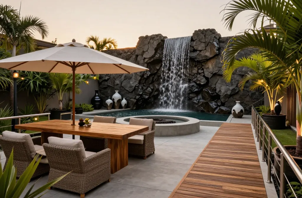15 Lush Tropical Oasis Tips for a High-End Resort-Style Backyard Living Area Starting with a Natural Volcanic Stone Waterfall Feature, Followed by an Extra-Large Cantilever Umbrella with Weighted Granite Base, Commercial-Grade Wicker Loungers with Quick-Dry Foam, Solar Powered Edison Bulb String Lights Strung on Iron Poles, a Cast Stone Bench Placed Near the Patio’S Edge, Weather-Resistant Teak Wood Serving Cart, Ceramic Cobalt Blue Garden Stools, a Concrete Circular Fire Pit, Sand-Filled Resin Floor Vases, High-Velocity Outdoor Rated Ceiling Fan, Marine-Grade Stainless Steel Railing Around Patio, Potted Areca Palms in Self-Watering Tubs, an Outdoor Kitchen Island with a Stone Countertop, Perforated Metal Lanterns with Flameless Led Candles, and Wide-Plank Ipe Wood Walkways