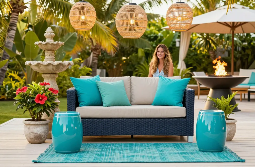 15 Tropical Resort Decor Tips for a Lush Outdoor Living Space Starting with a a Weather-Resistant Wicker Loveseat with Navy Performance Fabric, Followed by Self-Contained Resin Tiered Rainforest Fountain, a Ceramic Turquoise Garden Stool, Solar Powered Hanging Rattan Globe Lanterns, a Heavy-Duty Teal Polypropylene Area Rug, Uv-Rated Faux Hibiscus in Stone-Finish Resin Pots, a Powder-Coated Turquoise Metal Side Table, All-Weather Quick-Dry Throw Pillows, a Portable Propane Tabletop Fire Bowl, a Weighted Cantilever Umbrella in Sand Canvas, a Faux-Teak Serving Tray, Two Woven Polyethylene Club Chairs, a Hammered Bronze Beverage Tub, Solar Powered Led Butterfly Clips for Potted Plants, and a Set of Weighted Outdoor Curtains with Rust-Proof Grommets