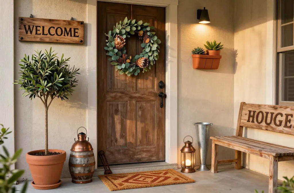 15 Front Door Decor Ideas for Summer with a Rustic Earthy Warmth Starting with a Large Reclaimed Wood Welcome Sign with Iron Bolt Accents, Followed by a Uv-Resistant Faux Eucalyptus and Dried Protea Wreath, a Heavy-Duty Coir Doormat with a Geometric Terracotta Pattern, a Pair of Distressed Resin Whiskey Barrel Planters, Solar Powered Copper Lanterns with Flameless Led Candles, a Weather-Resistant Teak Bench, a Set of Bronze Metal House Numbers, Uv-Rated Faux Potted Olive Trees in Clay-Finish Pots, a Rust-Proof Iron Boot Scraper, an Outdoor-Rated Jute-Style Polypropylene Runner, a Galvanized Metal Umbrella Stand, a Set of Terracotta Resin Wall Pockets with Faux Succulents, a Weather-Proof Burlap Bow, a Weighted Decorative Stone Doorstop, and a Solar Powered Led Spotlight Aimed at the Wreath