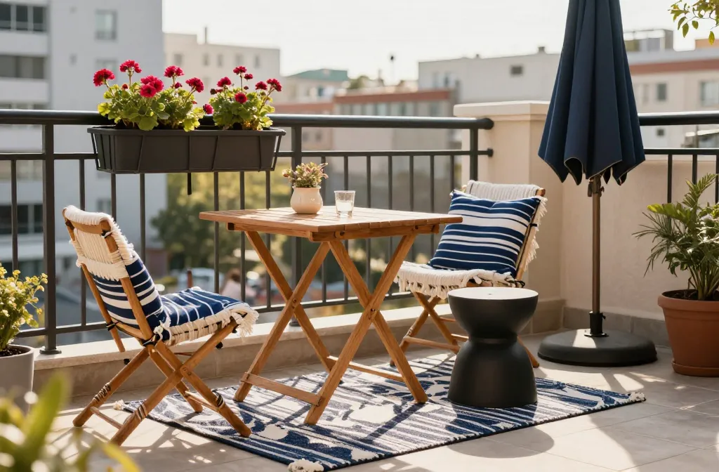 15 Small Balcony Decor Ideas for Every Style Starting with a Space-Saving Teak Folding Bistro Set, Followed by a Weather-Resistant Polypropylene Reversible Area Rug, a Set of Solar Powered G40 Edison Bulb String Lights, a Railing-Mounted Resin Planter Box with Uv-Rated Faux Geraniums, a Boho-Style Woven Resin Egg Chair with a Steel Stand, a Scandi-Inspired Matte Black Metal Side Table, a Coastal Glam Gold-Finished Hammered Aluminum Beverage Tub, a Set of Outdoor Performance Fabric Throw Pillows in Navy and White, a Portable Tabletop Bio-Ethanol Fireplace, a Weighted Half-Umbrella in a Neutral Canvas, a Set of Solar Powered Copper Wire Fairy Lights in Glass Mason Jars, a Vertical Resin Trellis with Uv-Rated Faux Ivy, a Pair of All-Weather Woven Wicker Poufs, a Weather-Proof Bluetooth Speaker Hidden in a Faux-Stone Resin Base, and a Set of Magnetic Weighted Outdoor Privacy Curtains