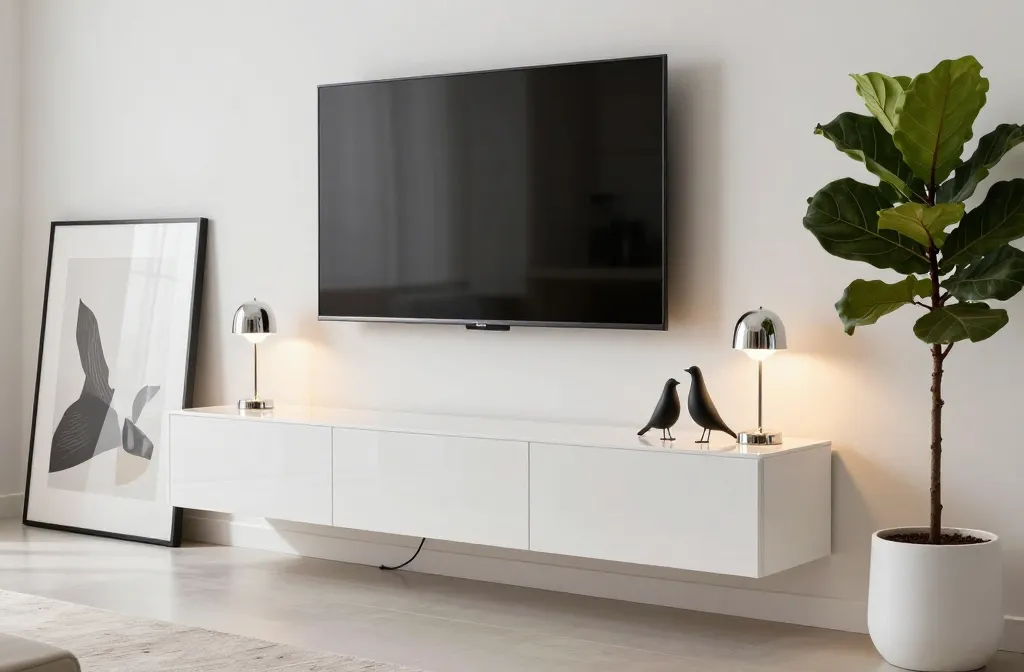 15 Minimalist Tv Wall Decor Ideas Starting with a White High-Gloss Lacquer Floating Cabinet, Followed by a Set of Clear Acrylic Floating Shelves, a Pair of Modern Chrome Table Lamps, a Large Abstract Framed Print Leaning Against the Wall, a Set of Matte Black Ceramic Bird Figurines, a Recessed in-Wall Cable Box, a Grouping of Faux-Moss Spheres in a Wooden Bowl, a Set of Grey Felt Storage Baskets, a Tall Fiddle Leaf Fig in a White Tapered Planter, Faux Leather Remote Holder, a Decorative Sandstone Knot Sculpture, a Pair of Transparent Ghost Stools Placed Nearby to the Tv, a Set of Warm-White Led Undercabinet Lights for the Floating Shelves, a Minimalist Digital Wall Clock, and a Set of Silver-Framed Family Portraits.