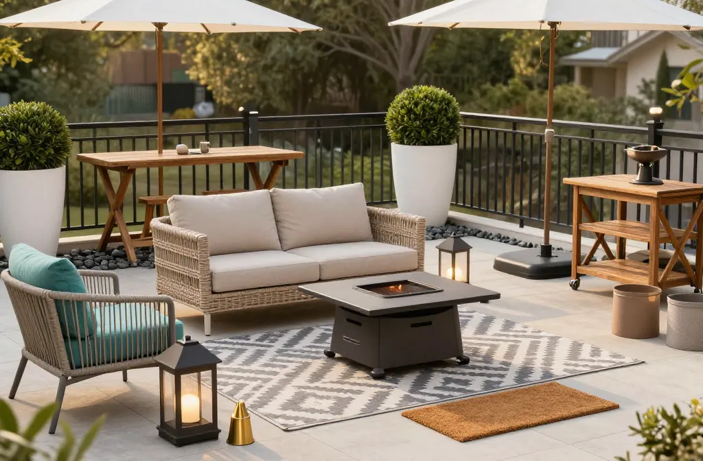 15 Small Patio Transformation Tips Starting with a Low-Profile Wicker Loveseat with Quick-Dry Performance Cushions, Followed by a Gray and White Geometric Outdoor Rug, a Set of Solar Powered Black Metal Lanterns with Flameless Led Candles, a Railing-Hung Folding Wooden Bar Table, a Pair of Uv-Rated Faux Boxwood Spheres in White Resin Tapered Planters, a Portable Propane Tabletop Fire Pit, a Weighted Resin Base Market Umbrella, a Set of Solar Powered Led Railing Clip Lights, a Weather-Proof Teal Performance Fabric Seat Cushion Set on a Rattan Outdoor Chair, a Faux-Teak Serving Cart on Wheels, a Set of Decorative Resin "River Rock" Floor Accents, a Pair of Matte Gold Outdoor-Rated Battery Sconces, a Heavy-Duty Coir Welcome Mat, a Set of All-Weather Resin Baskets for Storage, and a Solar Powered Desktop Water Fountain.