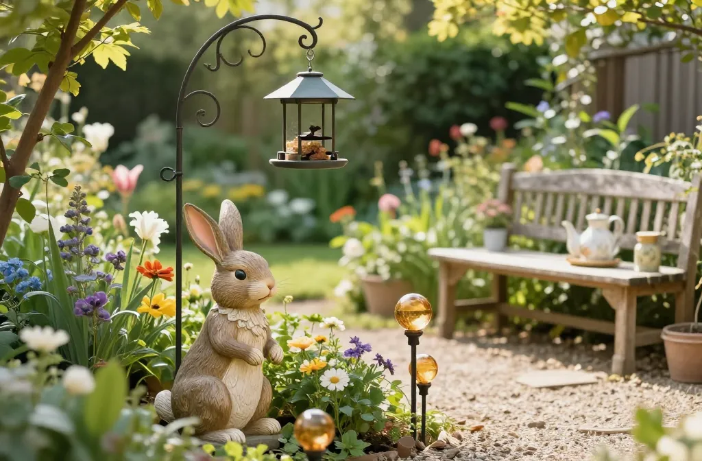 15 Sophisticated Whimsical Garden Accents Starting with a Life-Sized Bunny Statue Followed by a Wrought-Iron Tree-Mounted Bird Feeder, a Set of Solar Powered Amber Glass Globe Stakes, a Weather-Resistant Teak Potting Bench for Decor Display, a Set of Uv-Rated Faux Hanging Wisteria in Resin Baskets, a Outdoor Propane Fire Pit, a Heavy-Duty Polypropylene Area Rug with a Bold Botanical Print, a Set of Solar Powered Led Dragonfly String Lights, a Decorative Hammered Copper Birdbath, a Set of Natural Slate Path Markers, a Pair of All-Weather Resin Wicker Rocking Chairs, a Solar Powered Floating Water Lily Light, a Weather-Proof Canvas Wall Hanging with a Nature Scene, a Set of Weighted Magnetic Outdoor Curtains, and a High-Velocity Outdoor-Rated Floor Fan with a Bronze Finish