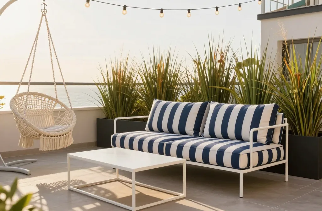 15 Small Balcony Decor Solutions From Boho to Scandi Starting with a Coastal Glam Navy and White Striped Performance Fabric Settee, Followed by a Scandi-Modern Matte White Metal Coffee Table, a Boho-Inspired Woven Resin Hanging Chair, a Set of Solar Powered Industrial Cage String Lights, a Teak Wood Folding Dining Table, a Set of Uv-Rated Faux Grasses in Tall Black Resin Planters, a Portable Hammered Copper Fire Bowl, a Set of Geometric Print Outdoor Pillows, a Weather-Resistant Resin Deck Box, a Set of Solar Powered Led Stair Lights (Adhesive Mount), a Coastal Glam Turquoise Glass Lantern Set, a Faux-Stone Decorative Garden Stool, a Weighted Resin Base for a Small Parasol, a Weather-Proof Bluetooth Speaker Rock, and a Set of Magnetic Screen Door Weights Balconies Glow Up: 15 Solutions