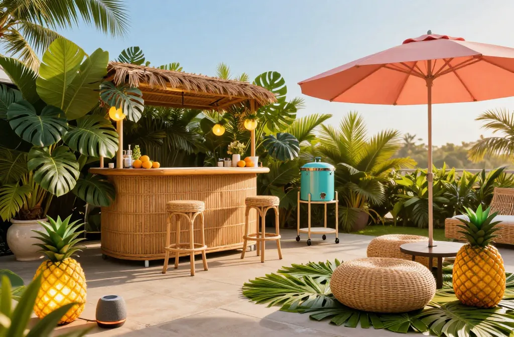 15 Tropical Resort Backyard Party Decor Ideas Starting with a Outdoor Wicker Tiki Bar Set with 2 Stools and Storage a Solar Powered Pineapple-Shaped Led String Lights, a Heavy-Duty Polypropylene Area Rug in a Palm Leaf Print, Uv-Rated Faux Monstera Leaves in Oversized Ceramic Vases, a Powder-Coated Turquoise Metal Beverage Tub on a Rolling Stand, a Weighted Cantilever Umbrella in a Vibrant Coral Canvas, a Set of Outdoor Performance Fabric Throw Pillows, a Portable Tabletop Fire Bowl, a Faux-Rattan Serving Tray with High-Walled Sides, a Set of Solar Powered Copper Path Lights, a Weather-Proof Bluetooth Speaker Hidden in a Faux-Stone Resin Base, a Pair of Woven Resin Poufs for Extra Seating, a Weighted Resin Pineapple-Shaped Foot Rest, and a Set of Magnetic Weighted Outdoor Privacy Curtains Mounted on a Patio Barbecue Canopy with Serving Shelf and Storage Hooks, Curved Grill Shelter W/Heavy-Duty Steel Frame Sunshade Gazebo