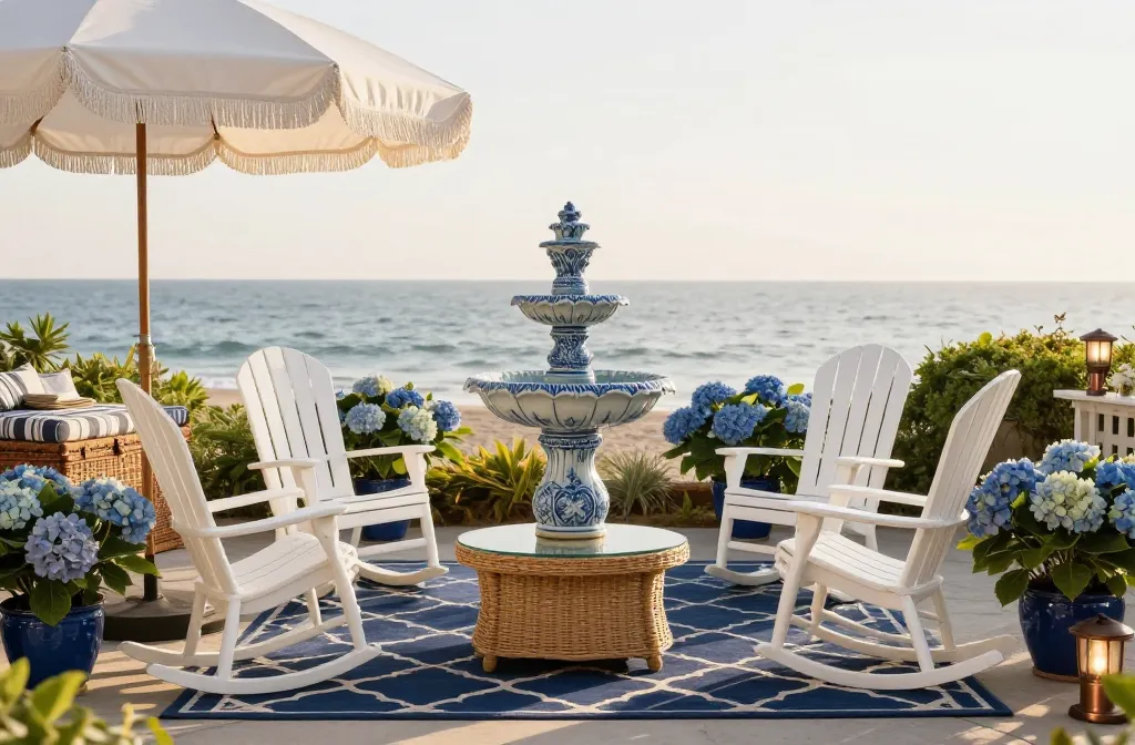 15 Coastal Grandmother Decor Tips for a Breezy Outdoor Living Space Starting with a Classic Blue and White Ceramic Pedestal Fountain, Followed by a White Weather-Resistant Resin Rocking Chair Set, a Navy Blue Outdoor Area Rug with a Trellis Pattern, Solar Powered White Metal Lanterns, a Large Wicker Trunk for Cushion Storage, Uv-Rated Faux Hydrangeas in Blue Glazed Pots, a Striped Performance-Fabric Seat Cushion Set, a Glass-Top Wicker Coffee Table, a White Aluminum Market Umbrella with Fringe, a Set of Scalloped Edge Melamine Trays, a Weather-Proof Outdoor Radio, a Weighted Cast-Iron Umbrella Stand, Navy Sunbrella Lumbar Pillows, a Faux-Coral Resin Centerpiece, and a Set of Solar Copper Path Lights Poked Into Planters