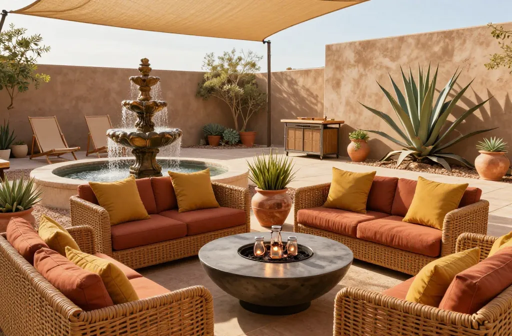 15 Desert Oasis Decor Tips for a Warm Earthy Outdoor Living Space Starting with a Resin Outdoor 5-Tiers Cascading Rock Water Fountain Followed by a Terracotta-Colored Woven Resin Sofa, a Concrete Tabletop Fire Bowl, Solar Powered Copper Wire Fairy Lights in Glass Jars, a Geometric Aztec-Print Polypropylene Rug, Uv-Resistant Faux Agave in Rustic Clay Pots, a Round Metal Coffee Table, Saffron-Colored Performance Fabric Pillows, a Portable Folding Teak Side Table, a Uv-Rated Tan Shade Sail, Two Sling-Back Folding Deck Chairs, a Metal Cactus Garden Sculpture, a Set of Solar Led Step Lights, a Weather-Proof Serving Cart, and a Large Metal Agave Plant Sculpture Unveiled