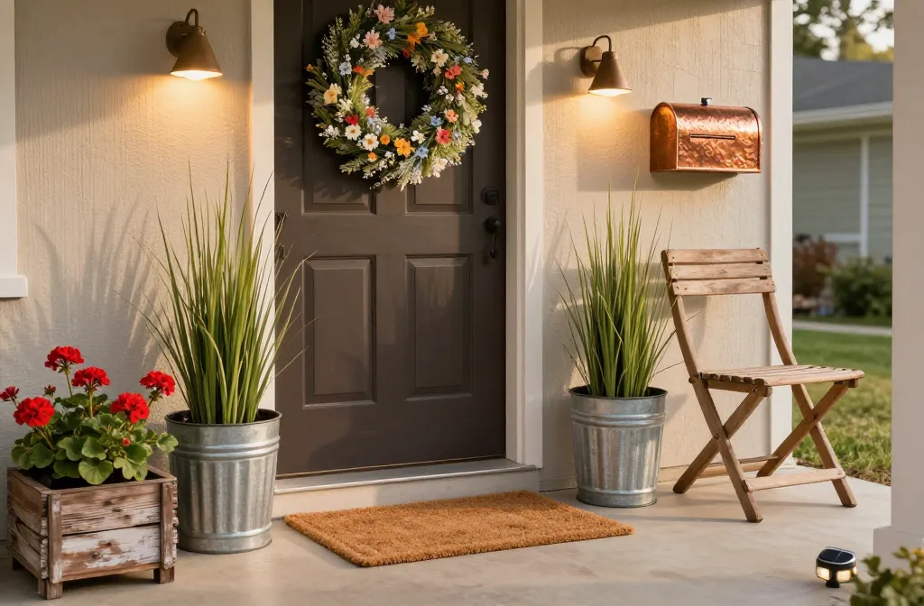 5 Front Door Decor Ideas for Summer with a Rustic Earthy Warmth Starting with a Uv-Resistant Faux Wildflower Wreath Followed by a Layered Doormat Set Featuring a Checked Polypropylene Rug Under a Coir Mat, Two Corrugated Metal Planters with Faux Tall Grasses, Solar Powered Mission-Style Bronze Sconces, a Weather-Resistant Acacia Wood Folding Chair, a Set of Decorative Resin "River Rock" Stepping Stones, a Hammered Copper Wall-Mounted Mailbox, Uv-Rated Faux Geraniums in Weathered Wood Boxes, a Pair of Resin Bird Figurines, an Outdoor-Rated Thermometer with a Bronze Frame, a Set of Solar Powered Led Carriage Lights, a Faux-Wicker Storage Trunk, and More..