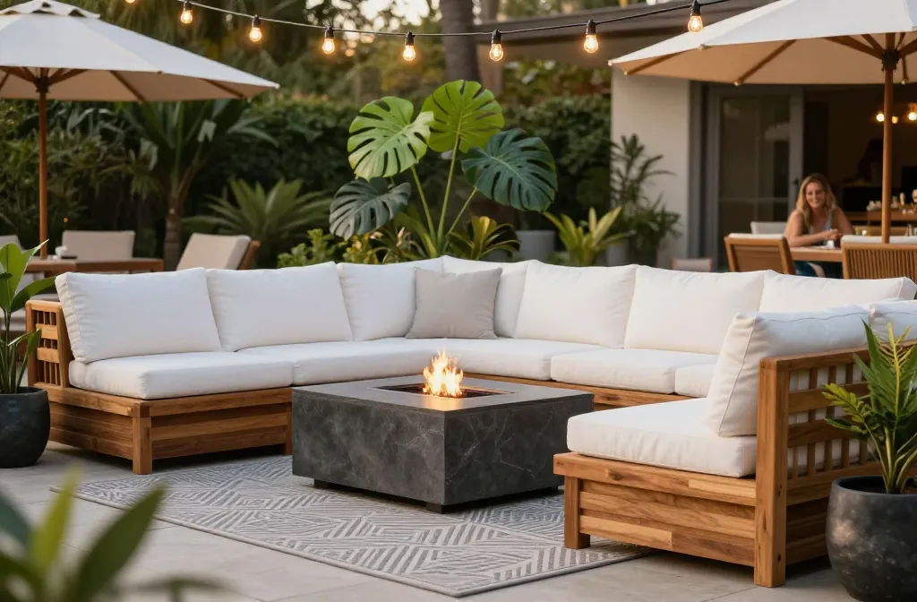 15 Modern Resort Outdoor Living Room Ideas Starting with a Modular Teak Sectional with White Performance Fabric Cushions, Followed by a Gray Geometric Polypropylene Area Rug, a Slate-Finish Propane Fire Table, Solar Powered G40 Edison Bulb String Lights on Iron Poles, a Set of Uv-Rated Faux Monstera Plants in Charcoal Resin Planters, a Weighted Cantilever Umbrella in a Sand Canvas, a Pair of Woven Resin Poufs, a Matte Black Metal Side Table, a Set of Solar Powered Copper Wire Fairy Lights in Glass Lanterns,Outdoor Resin Ice Bucket & Beverage Cooler-Patio Cooler, a Weather-Proof Decorative Bluetooth Speaker, a Set of Outdoor Performance Fabric Lumbar Pillows, a Vertical Resin Trellis with Uv-Rated Faux Ivy, a Weighted Resin Pineapple Doorstop, and a Set of Magnetic Weighted Outdoor Privacy Curtains. Resort-Style Outdoor Living Ideas You’Ll Actually Use