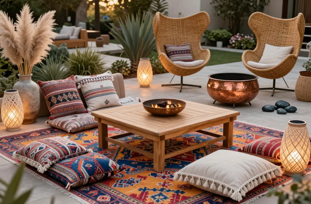 15 Boho-Chic Entertaining Area Concepts Starting with a Low-Profile Teak Coffee Table for Floor Seating, Followed by a Set of Multi-Colored Patterned Polypropylene Rugs, Solar Powered Macrame-Look Resin Lanterns, a Pair of Woven Polyethylene Egg Chairs with Steel Stands, Uv-Rated Faux Pampas Grass in Oversized Heavy Vases, a Portable Hammered Copper Fire Pit, a Set of Tassel-Trimmed Sunbrella Throw Pillows, a Faux-Wicker Serving Caddy, a Set of Solar Powered Copper Wire Fairy Lights Wrapped Around Tree Trunks, a Weighted Base Sun Sail in a Sand Color, a Set of Decorative Resin "River Rock" Floor Accents, a Weather-Proof Outdoor Radio in a Retro Design, a Set of Solar Powered Flower-Shaped Stake Lights, a Weighted Resin Buddha Statue, and a Set of Heavy-Duty Canvas Privacy Drapes.