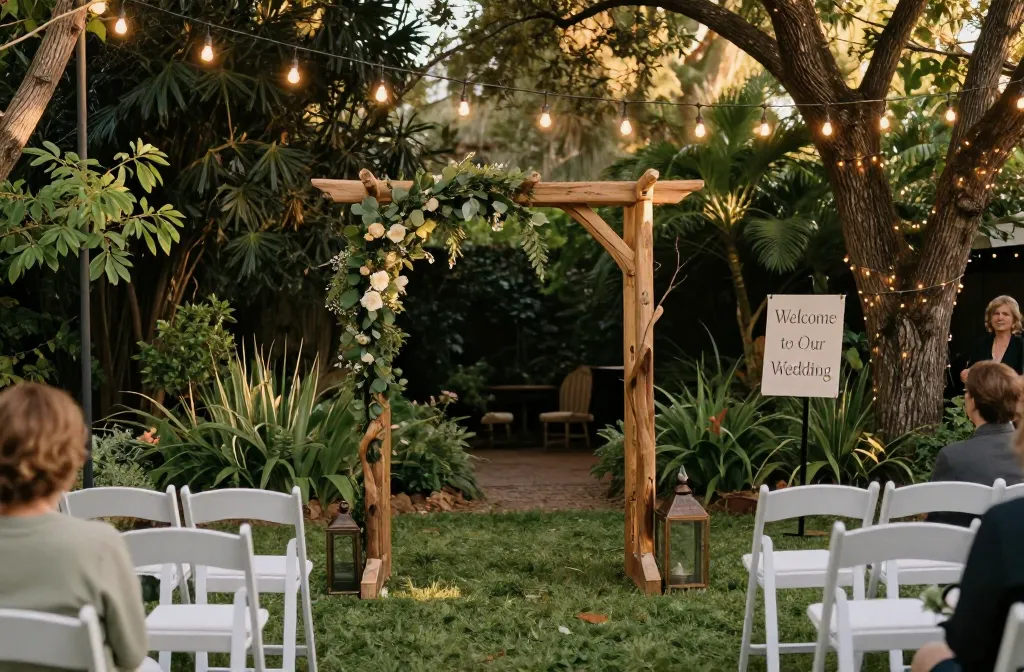 15 Romantic Garden Wedding Decor Ideas Starting with a Freestanding Natural Teak Ceremonial Arch, Followed by a Set of White Resin Folding Chairs with Performance Fabric Seat Pads, Solar Powered Warm-White G40 Edison Bulb String Lights on Iron Poles, a Heavy-Duty White Polypropylene Aisle Runner, Uv-Rated Faux Peony Arrangements in Distressed Resin Urns, a Weighted Cantilever Umbrella in a Cream Canvas for Shade, a Pair of Decorative Bronze Lanterns with Flameless Led Pillars, a Portable Hammered Copper Beverage Tub on a Rolling Stand, a Set of Solar Powered Copper Wire Fairy Lights Wrapped Around Tree Trunks, a Weather-Proof Canvas "Welcome to Our Wedding" Sign, a Set of Solar Powered Led Path Washers, a Faux-Stone Beverage Well for Water, a Weighted Resin Anchor-Shaped Doorstop, a Set of Magnetic Weighted Outdoor Privacy Curtains for Changing Areas, and a High-Velocity Outdoor-Rated Floor Fan with a Bronze Finish