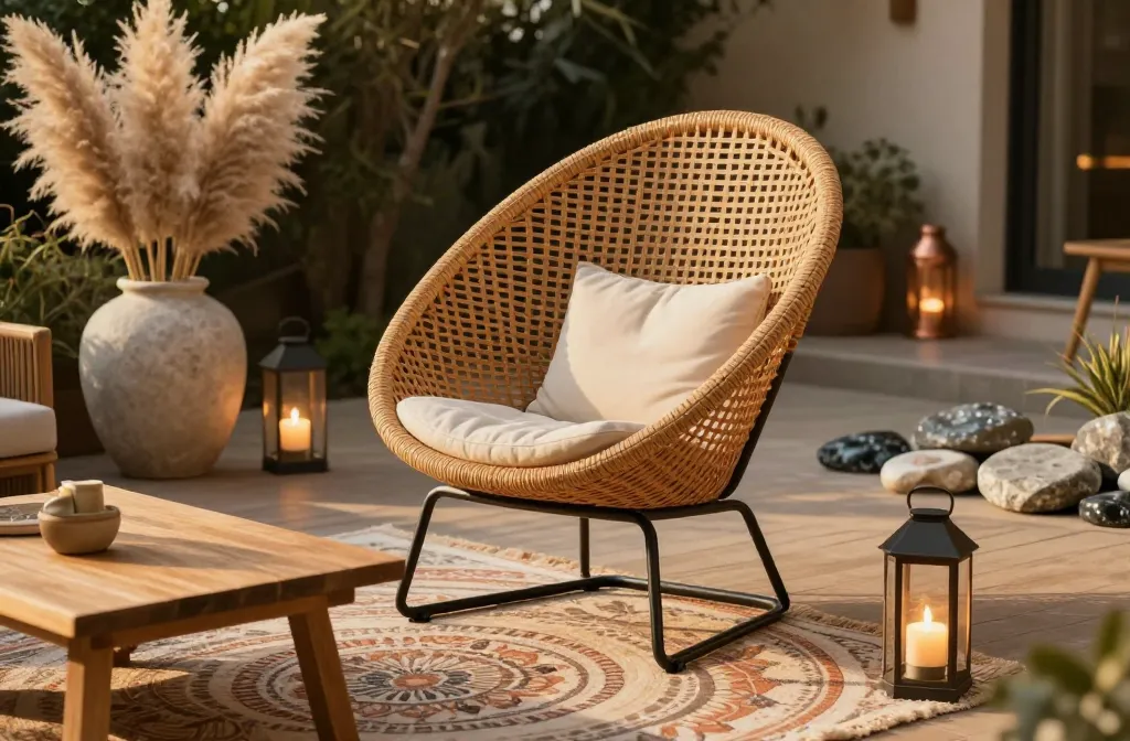 15 Boho-Chic Cozy Patio Concepts Starting with a Woven Polyethylene Egg Chair with a Heavy-Duty Steel Stand, Followed by a Mandala-Print Reversible Outdoor Rug, a Low-Profile Teak Coffee Table, Solar Powered Macrame-Look Resin Lanterns, a Set of Uv-Rated Faux Pampas Grass in Oversized Stone Vases, a Portable Hammered Copper Fire Bowl, a Set of Tassel-Trimmed Performance Fabric Pillows, a Faux-Rattan Serving Caddy, a Set of Solar Powered Copper Stake Lights, a Weighted Base Sun Sail in a Terracotta Hue, a Set of Decorative Resin "River Rock" Floor Accents, a Weather-Proof Outdoor Radio in a Retro Design, a Set of Solar Powered Flower-Shaped Stake Lights, a Weighted Resin Ganesha Statue, and a Set of Magnetic Mesh Screen Closures