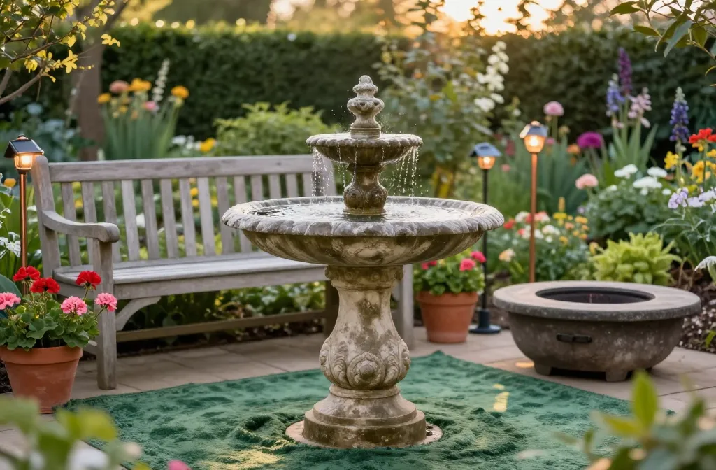 15 Classic English Garden Decor Ideas Starting with a Two-Tiered Cast-Stone Pedestal Birdbath, Followed by a Weather-Resistant Teak Park Bench, a Hunter Green All-Weather Area Rug, Solar Powered Warm-White Led Carriage Lanterns, a Set of Uv-Rated Faux Geraniums in Terra Cotta Resin Pots, a Portable Round Stone-Finish Gas Fire Pit, a Heavy-Duty Coir Welcome Mat, a Decorative Wrought-Iron Wall Mount for Plants, a Set of Solar Powered Copper Stake Lights, a Weather-Proof Wicker Storage Box, a Pair of Slatted Acacia Wood Side Tables, a Solar Powered Floating Water Feature Pump, a Weather-Proof Canvas Wall Banner, a Weighted Resin Base for a Market Umbrella, and a Set of Solar Powered Integrated Led Railing Lights