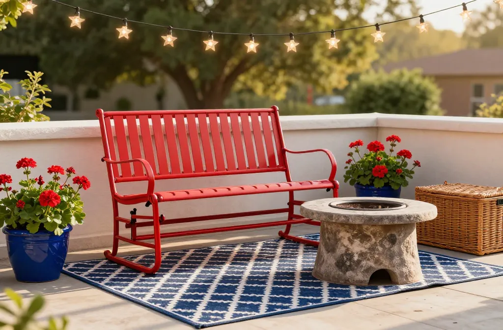 15 Vintage-Vibe Eclectic Patio Decor Ideas Starting with a Red Powder-Coated Metal Glider Bench, Followed by a Navy Blue and White Trellis Pattern Rug, Solar Powered Star-Shaped String Lights, a Pair of Uv-Rated Faux Geraniums in Blue Glazed Resin Pots, a Portable Round Stone-Finish Gas Fire Pit, a Heavy-Duty Coir Welcome Mat with a Retro Motif, a Set of Solar Powered Warm-White Led Carriage Lanterns, a Decorative Wrought-Iron Wall Mount for Ornaments, a Set of Solar Powered Copper Stake Lights, a Weather-Proof Wicker Storage Box in a Dark Walnut Finish, a Pair of Slatted Acacia Wood Side Tables, a Solar Powered Floating Water Feature Pump for a Small Basin, a Weather-Proof Canvas Wall Banner, a Weighted Resin Base for a Striped Market Umbrella, and a Set of Solar Powered Motion-Activated Security Lights